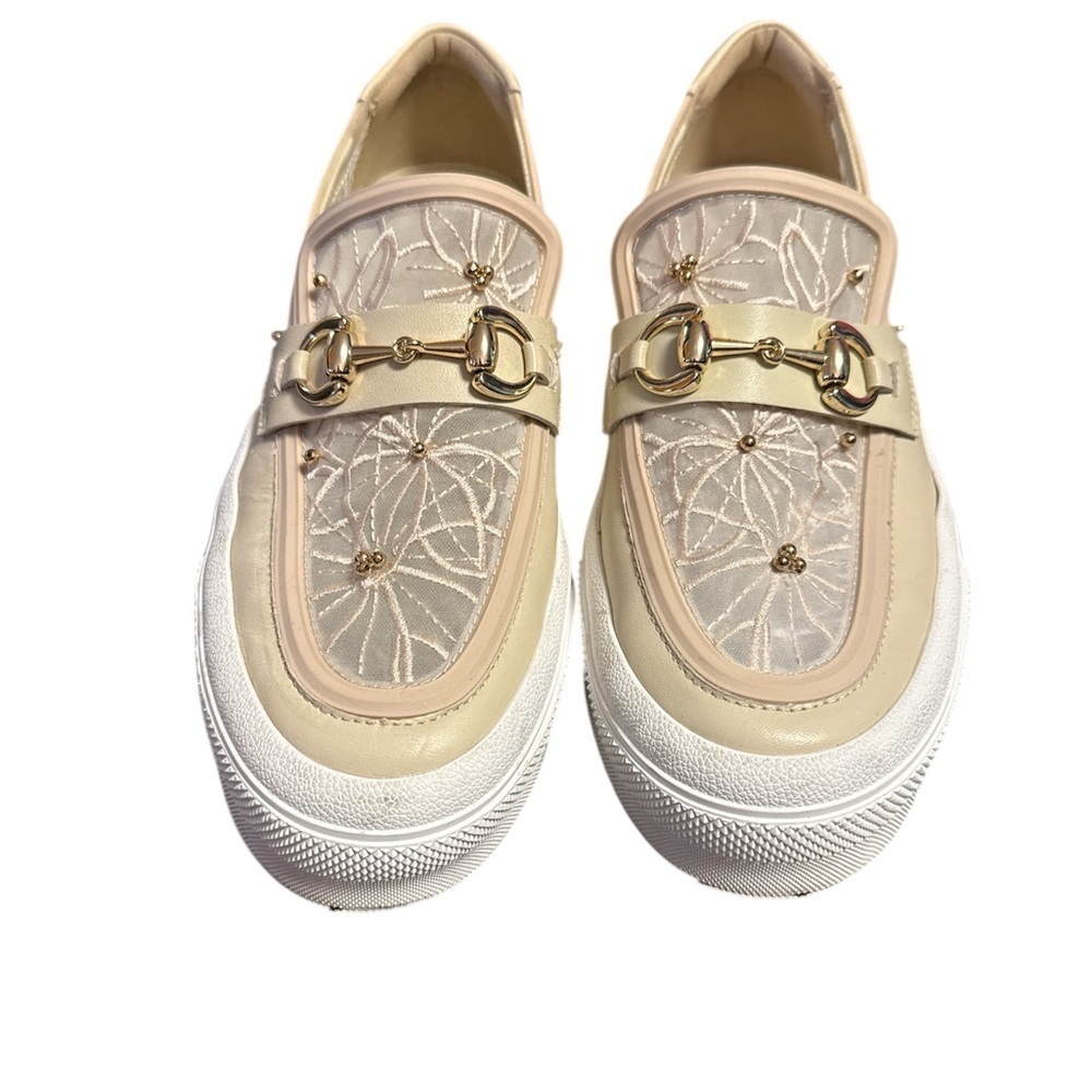 J Slides Cream and Gold Bit loafers for Effortless Style